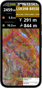 The widget over XCTrack's own map: the airspace zones in range, each with the number to call.