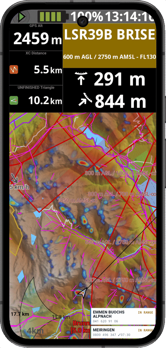A phone running XCTrack. Two chips float at the bottom of the map, Emmen Buochs Alpnach and Meiringen, each with its phone number and the words IN RANGE.