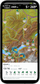 The widget running over XCTrack's own map: wind arrows drawn on the terrain, each labelled with its speed and gust.